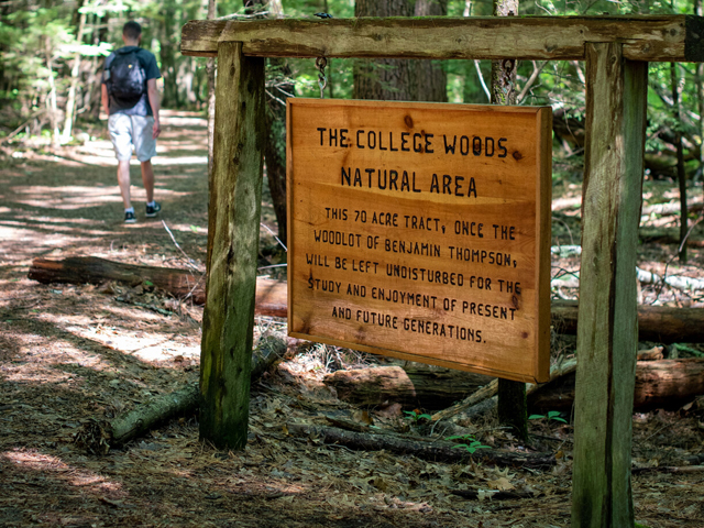 A sign that reads at the top "The College Woods Natural Area". It's a wooden sign.