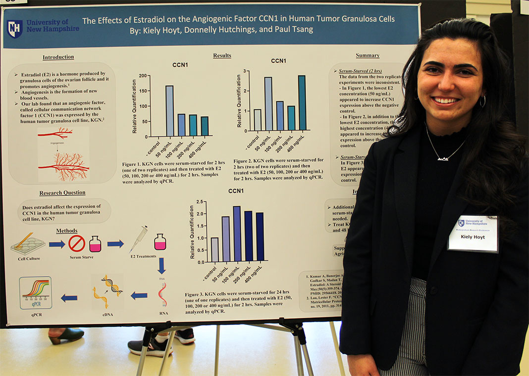 A photo of COLSA student Kiely Hoyt at the 2022 Undergraduate Research Conference in front of her poster presentation