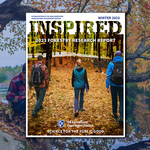 An image of the INSPIRED Forestry cover overlayed on an image of a student sitting in a tree next to a body of water.