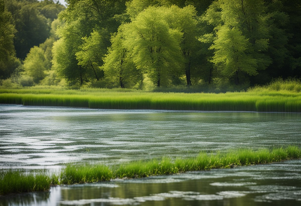 A pond with grass and trees growing along it and harmful algal bloom on the surface of it