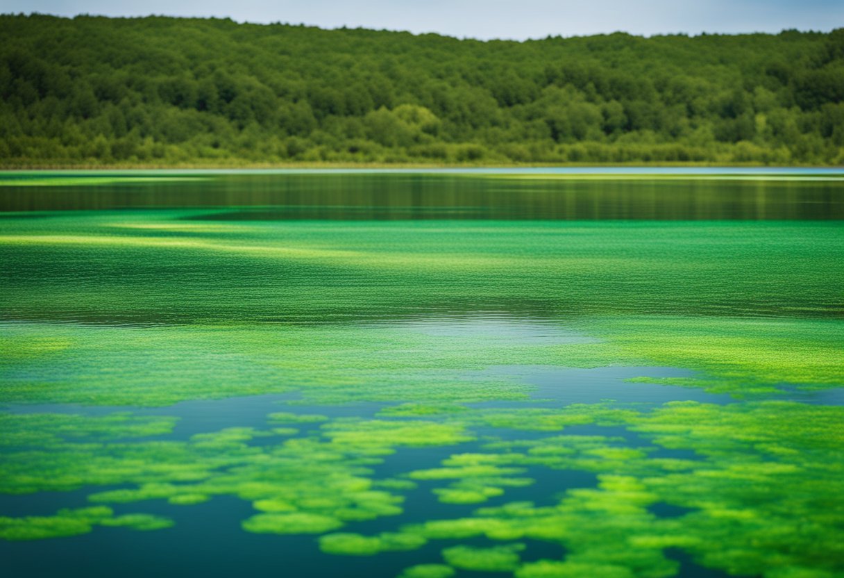A lake with a harmful algal bloom outbreak on its surface
