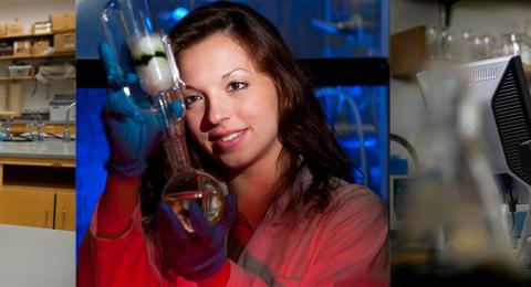 A triptych of students working in labs