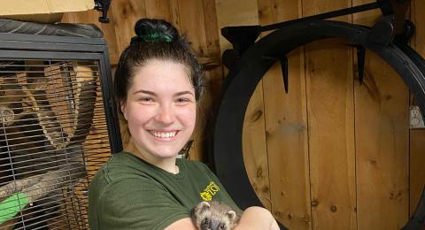 UNH animal science major Brienna Bohn holding a small animal during her  summer internship at Southwick's Zoo