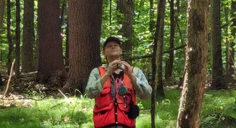 UNH forestry major Luke Nugent wearing orange vest in the forest and holding a small tool that he is using to measure tree height