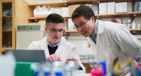 Professor Mao Chen looks at slide and talks with student in his lab.