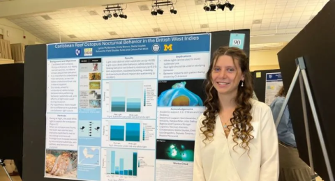 Lynn presenting at the 2024 URC with my poster on nocturnal octopus behavior from my study abroad experience in the Turks and Caicos Islands 