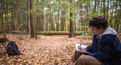 student studying in the forest