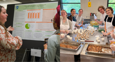 Collage of photos of students presenting, cooking, and practicing clinical skills