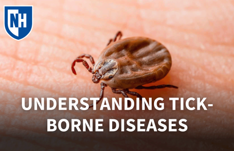 A photo with a tick on skin and overlaid text reading "Understanding Tick-Borne Diseases"