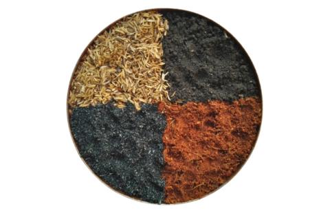 An image of soilless substrates in a round shape. From top left corner clockwise, a light brown soilless mix, a dark soilless mix, reddish brown soilless mix, and a black soilless mix.