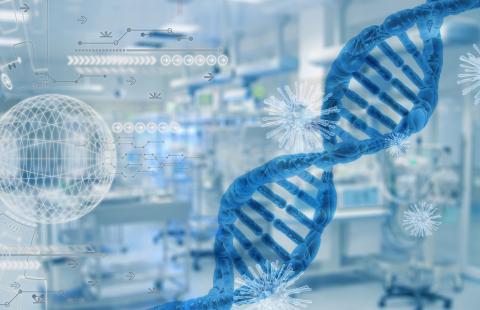 An image of a white, sterile biotechnology lab in the background, overlaid with semi-transparent imagery of cells and DNA chains in the foreground.
