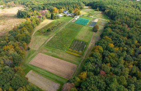 An aerial photo of the Woodman Horticultural Research Farm in Durham, NH, looking eastward.