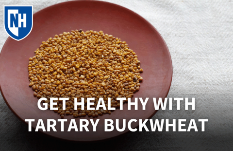 An image of a bowl with tartary buckwheat seed and text reading "Get Healthy With Tartary Buckwheat"