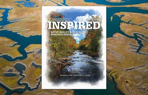 The cover image of the Spring 2024 Inspired issue overlaid on a photo of a river network.