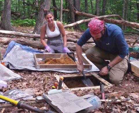 Researchers digging in the ground in a wooded area for fungi