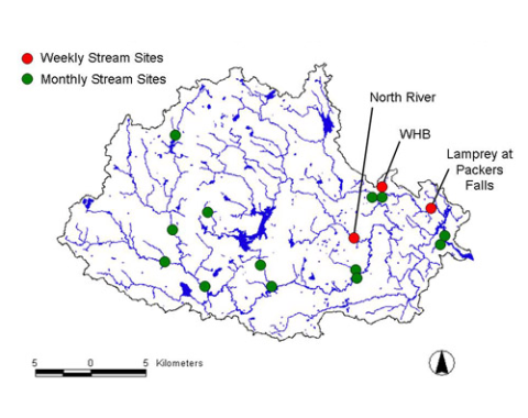 A map of stream sampling locations in the Lamprey River Hydrological Observatory