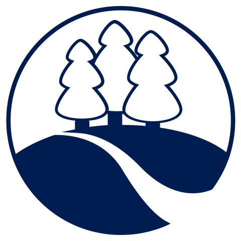 A drawn icon (in dark blue) showing three trees sitting on a hilltop with a stream running down the hill.