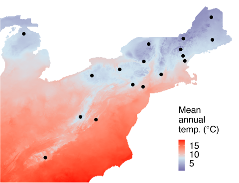 A map showing sampling locations (black points) for Neonectria population genetics.
