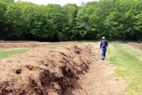 A photo of UNH farm manager Evan Ford walking down rows of composting material located at the UNH Kingman Research Farm.