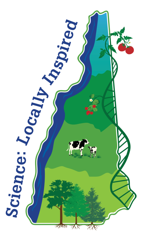 A logo showing the state of New Hampshire with a cow, berries, trees, and a DNA molecule, and the text "Science: Locally Inspired" up the left side
