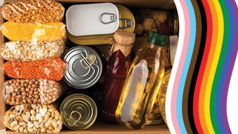 A photo of a can of dried food items and canned goods and, on the right, a multicolored rainbow.