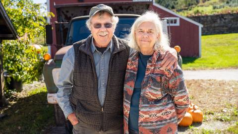 Terry and Jean Jones stand for a portrait at their farm and winery in Connecticut.