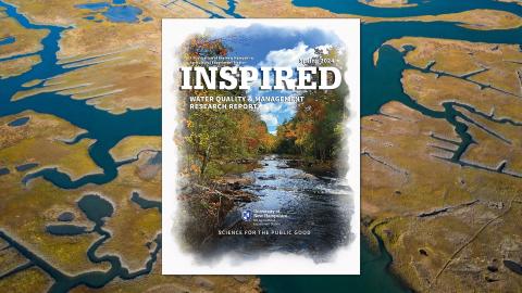 The cover image of the Spring 2024 Inspired issue overlaid on a photo of a river network.