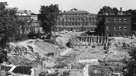 A black and white photo showing the construction of spaulding hall in the 1950s