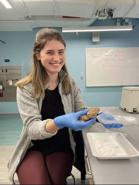 UNH student Lilah Read holding a brain in a UNH lab