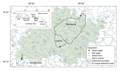 Map of the Icacos and Mameyes River catchments in Puerto Rico's El Yunque National Forest, highlighting stream gages, rain gages, and watershed boundaries used in carbon sequestration studies.