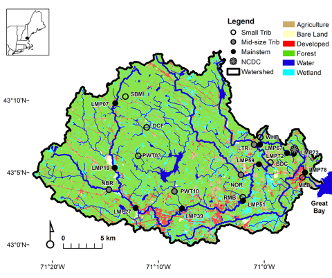 Land use map of the Lamprey River watershed, depicting forest, agriculture, wetland, water, and developed areas. The map supports research on how suburban expansion and land use changes influence water quality and ecosystem health.