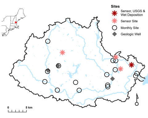 Map of the Lamprey River watershed showing sensor sites, monthly grab sample locations, and geologic wells. These sites provide high-frequency data on water quality and hydrology, aiding research on suburbanization and climate impacts.