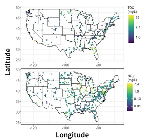 Maps of Total Organic Carbon (TOC) and Nitrate (NO3-) concentrations in U.S. watersheds. The analysis highlights spatial variability influenced by direct and indirect environmental drivers like soil, climate, and watershed characteristics. Data visualized in mg/L across continental U.S. basins.