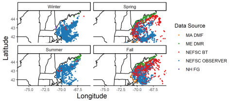 A series of maps illustrating the seasonal distribution of lumpfish across the northeastern U.S. coastline, with data collected from multiple sources.