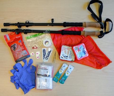 Wilderness first aid kit include rubber gloves, bandaids, hydration powder, ibuprofen, antibiotic ointment