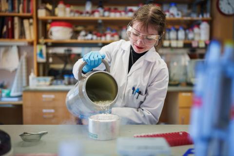 Student wearing goggles and gloves pours liquid nitrogen into a container in the lab
