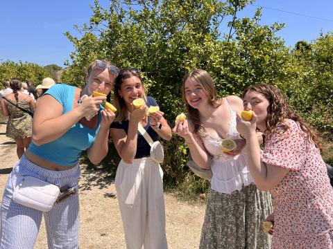 Students tasting lemons in front of a lemon tree